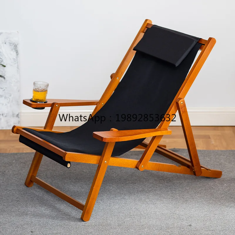 LYY Solid Wood Folding Beach Chair Outdoor Canvas Recliner Nap Folding Chair Outdoor Recliner