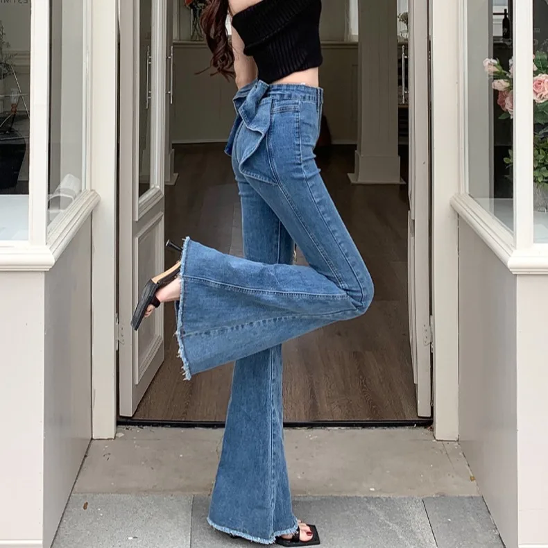 

High Waist Bell Bot Denim Jeans Women's Spring Summer Autumn Faion Knot Frayed Hem Slimming Elastic Jeans