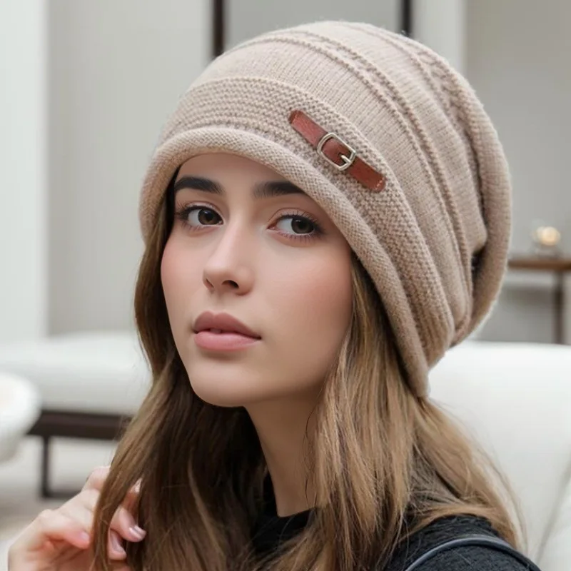 Autumn Winter Soft Knitted Maternity Hat Ladies Fleece Lined Slouch Beanie Loose Warm Head Cap For Postpartum Daily Matching