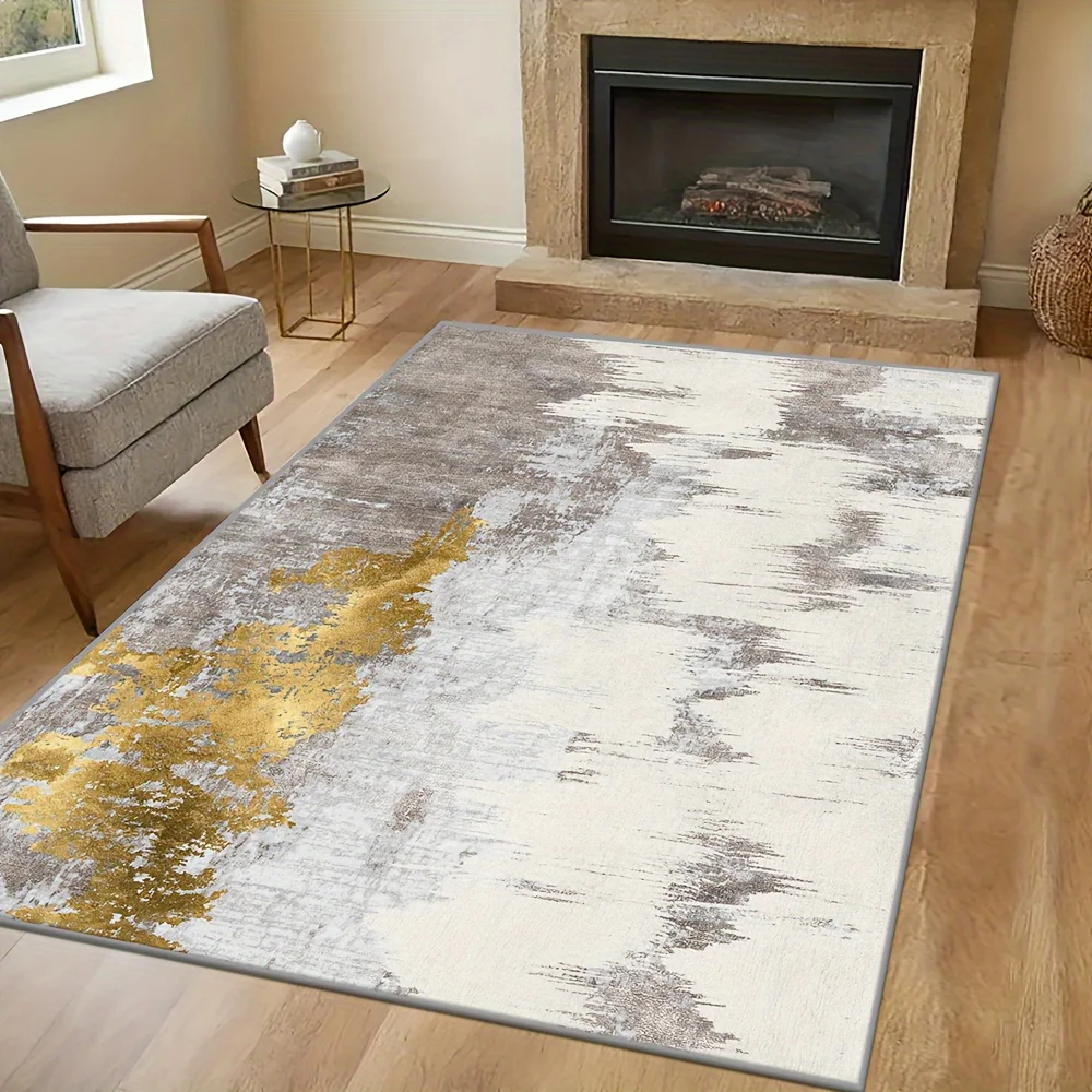 Grey Gold Abstract Brush Area Rug Off White Base Golden Foil Brushstroke Distressed Texture Print Floor Mat Elegant Carpet