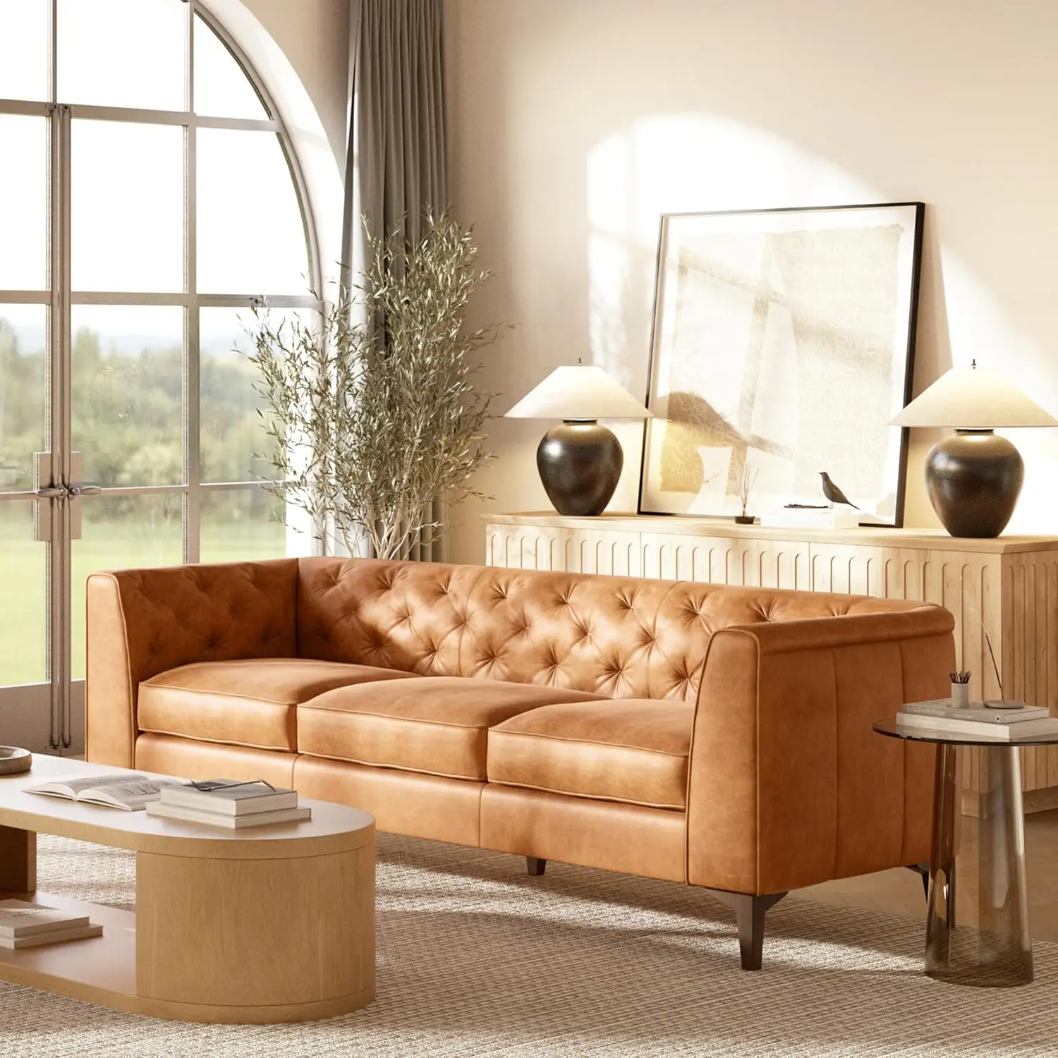 Essex 89” Full-Grain Italian Leather Sofa – Tufted Back, Feather-Down Comfort, Solid Wood Frame, Cognac Tan, Customized