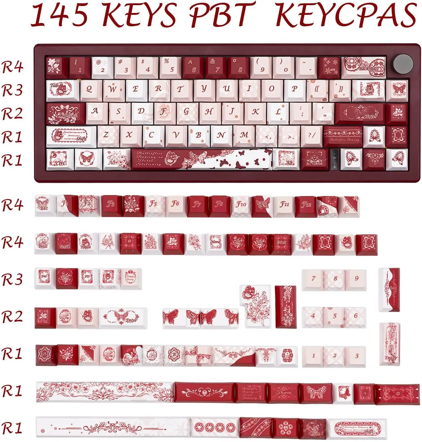 PBT Keycap Set 145 Keys Sublimation Keycaps White Red Pink Custom Accessories Fit for 61 64 87 104 108 Mechanical Keyboards