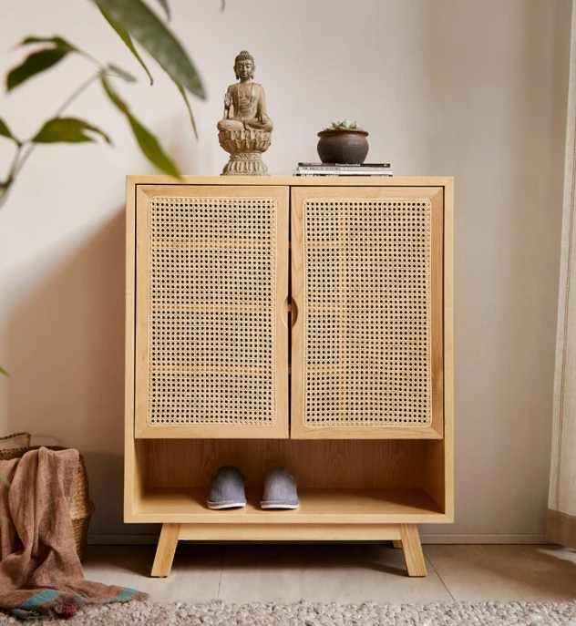 2 Drawers 4 Doors Shoe Storage Racks Cabinet Shoe Organizer Living Room Furniture Oak Wood Wooden Furniture Modern Wooden Rattan