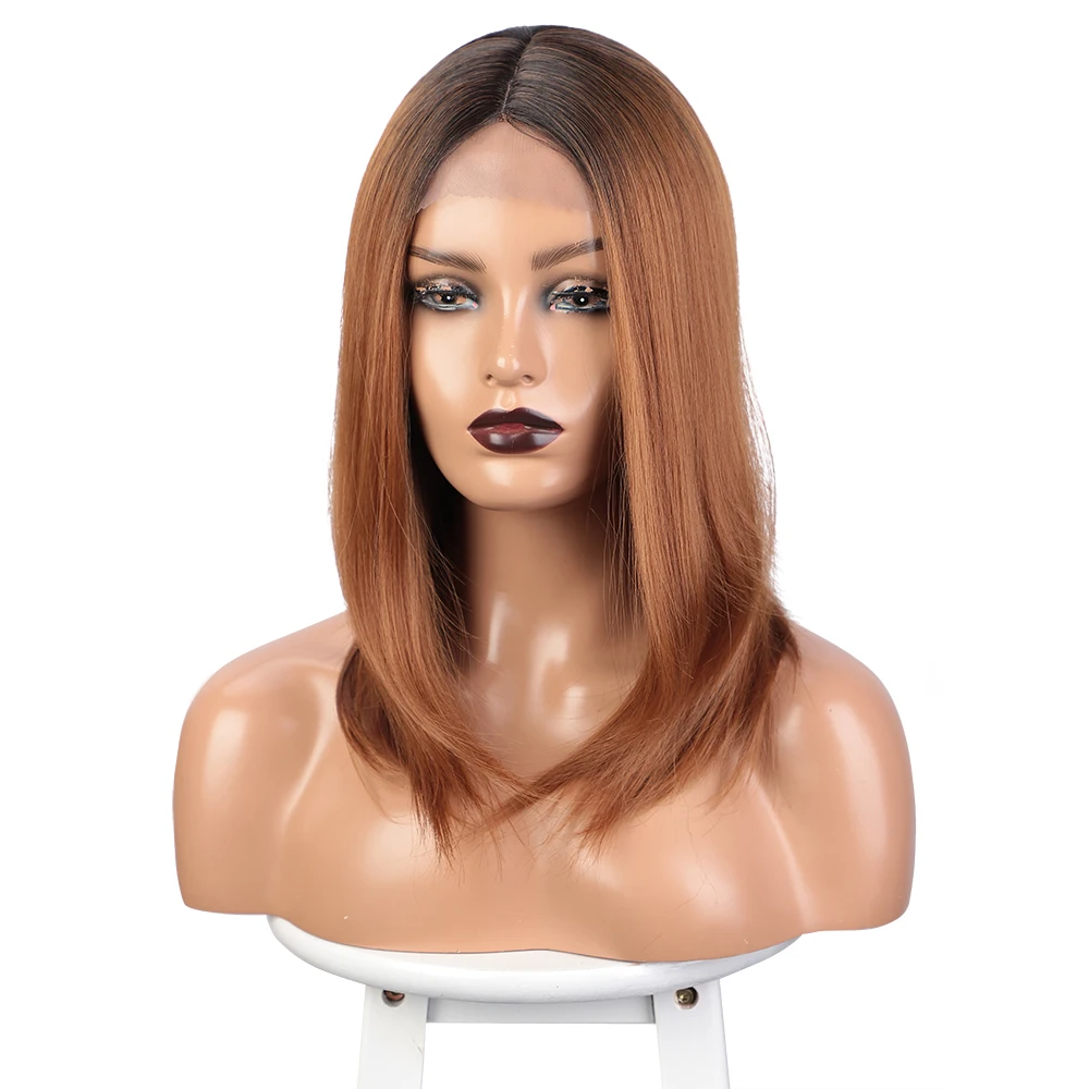 Synthetic Omber Brown Wig Short Straight Wig for Women Black Wig for Daily Party Lace Hairline Middle Part Heat Resistant Hair