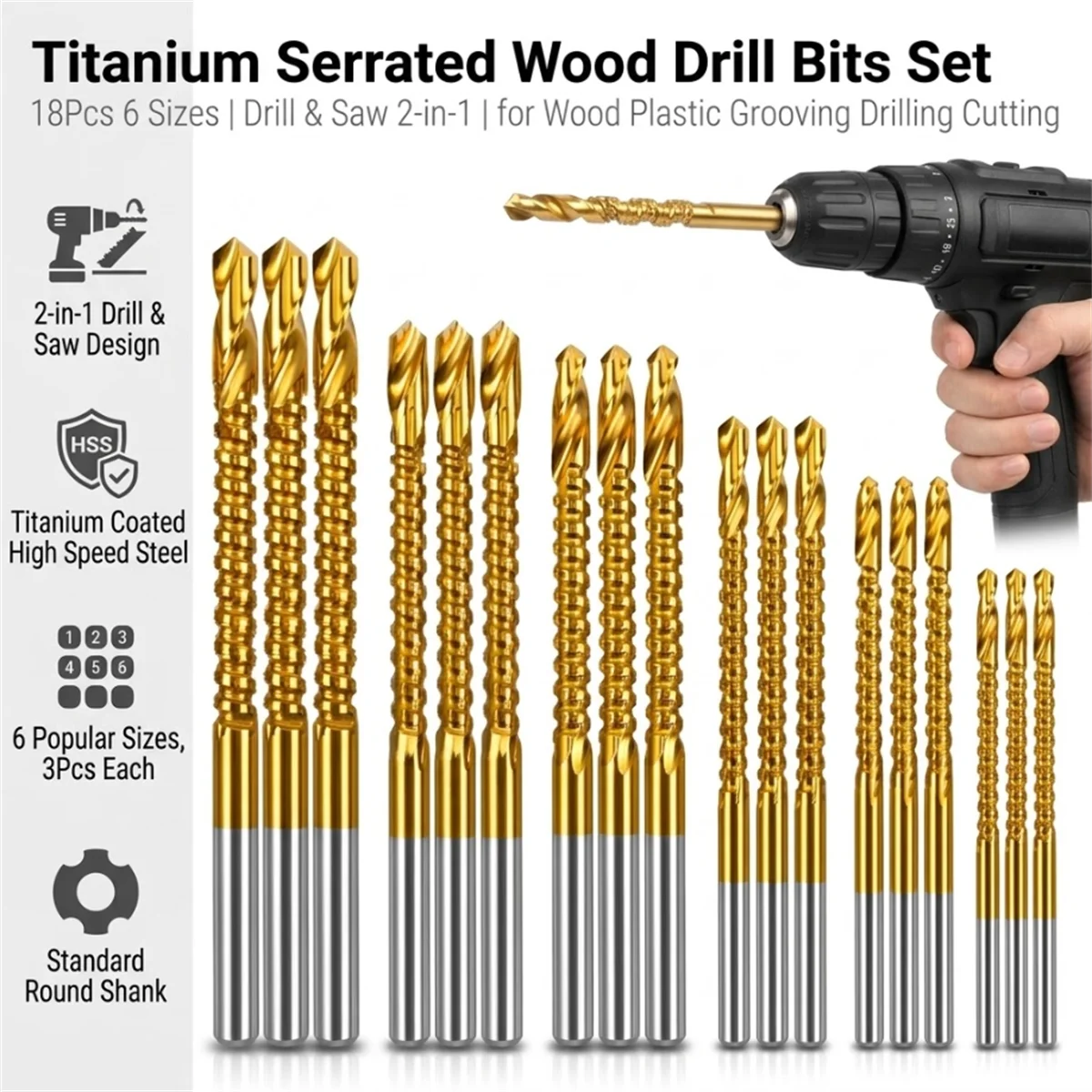 HSS Titanium Saw Drill Bits Set 3-10mm 135 Degree Split Point Serrated Milling Cutter For Woodworking Plastic Thin Metal Sheet