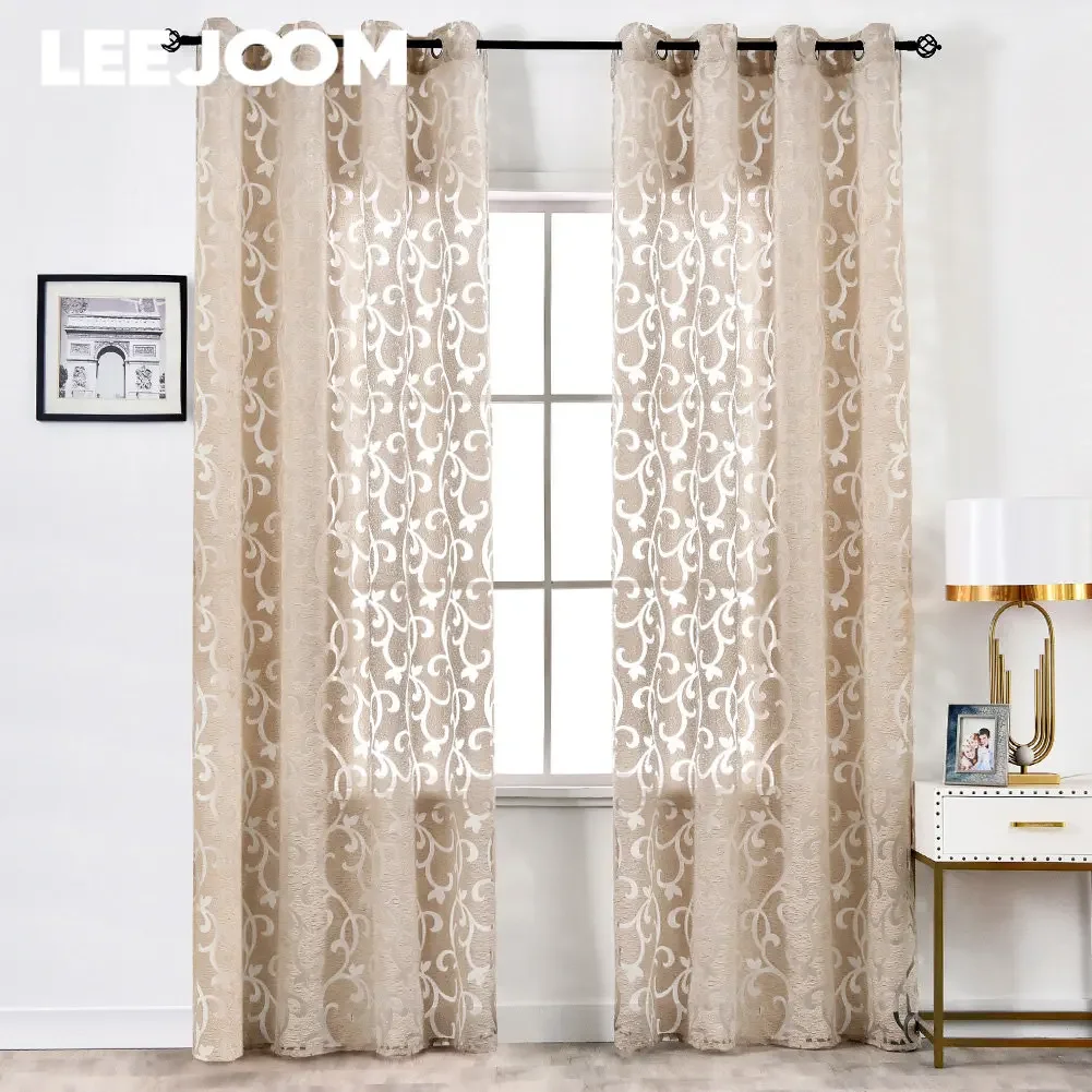 LEEJOOM Jacquard Curtain Floral Window Treatment for Living Room Home Decoration Pull Pleated Tape Curtain 1PC