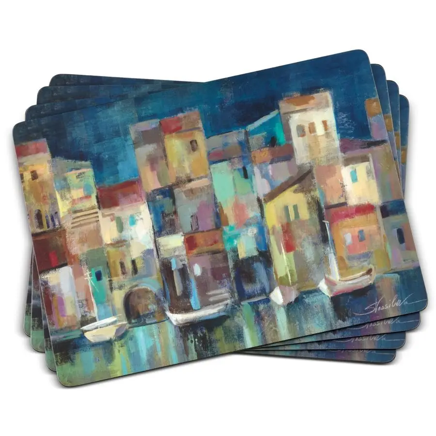 

Evening Port Collection Placemats, Set of 4 15.7 x 11.7 CorkBacked Boards with Art Print amp Lacquer Finish, Heat amp Stain Resi