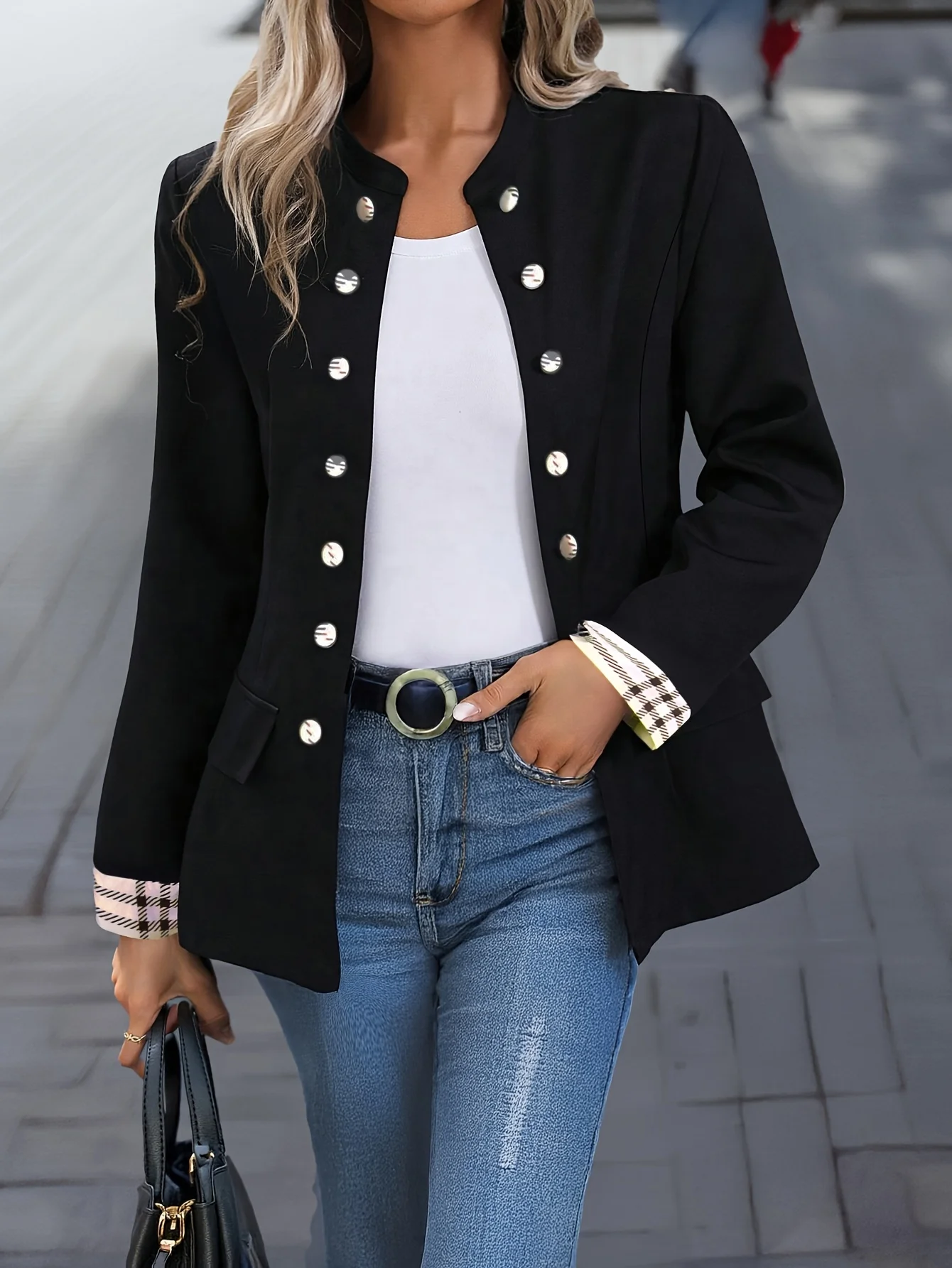 Damska czarna kurtka wojskowa z imitacji zamszu, długi rękaw, dwurzędowa, zapinana na guziki, codzienna odzież wierzchnia 2025