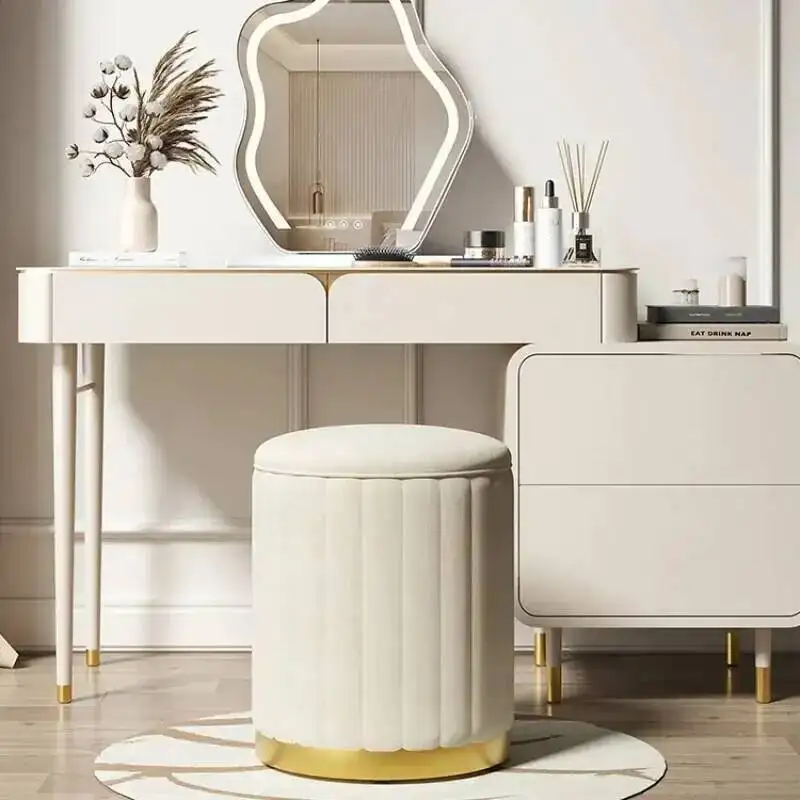 

Wood Cream Solid Dressing Bench: Stool Frame & Ottoman with Skin-Friendly Flannel Fabric Open Lid Storage Vanity Chair