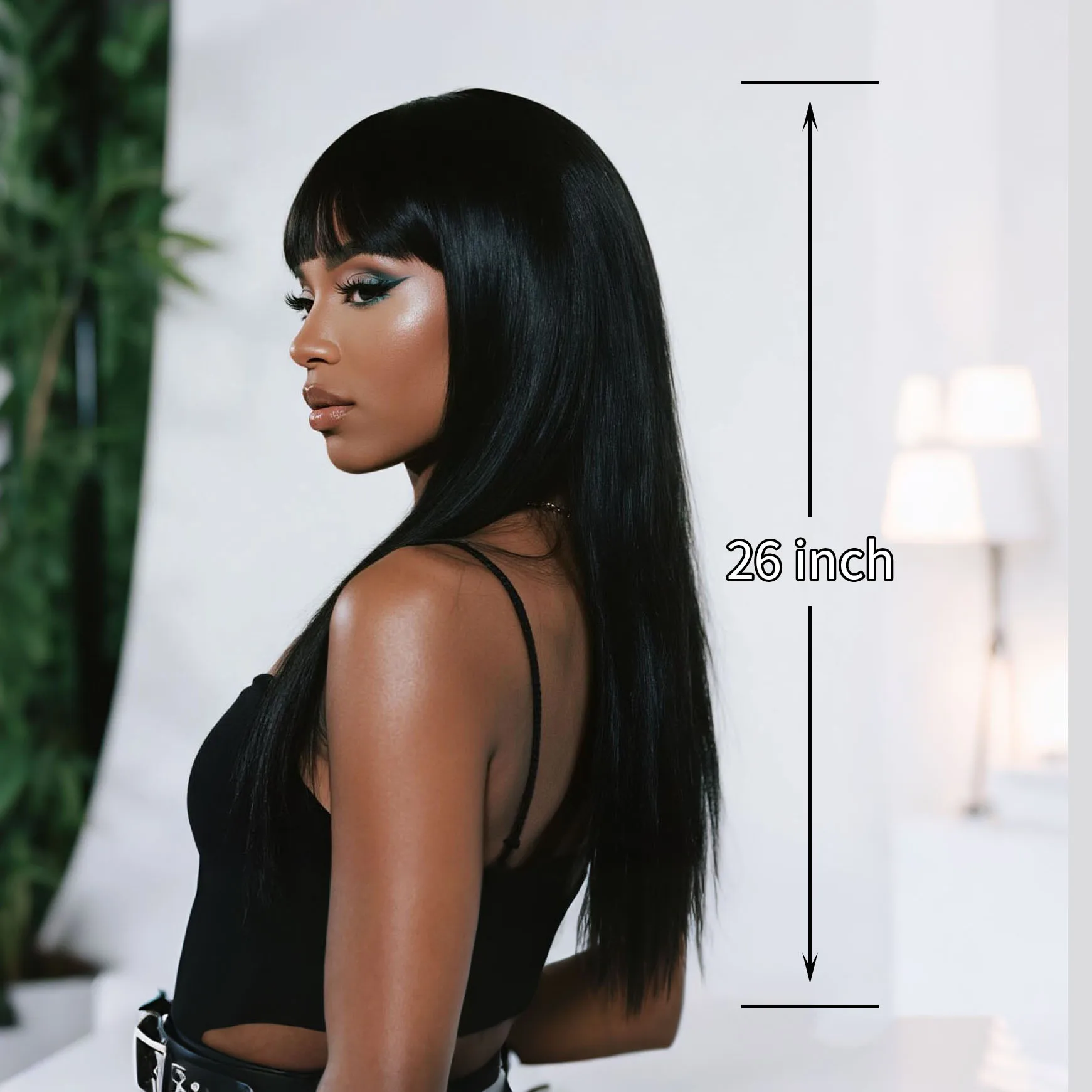 باروكة سوداء متوسطة إلى طويلة مستقيمة مع غرة، مصنوعة من ألياف صناعية مقاس 26 بوصة، مثالية للعب الأدوار، والهالوين، والحفلات، وما إلى ذلك