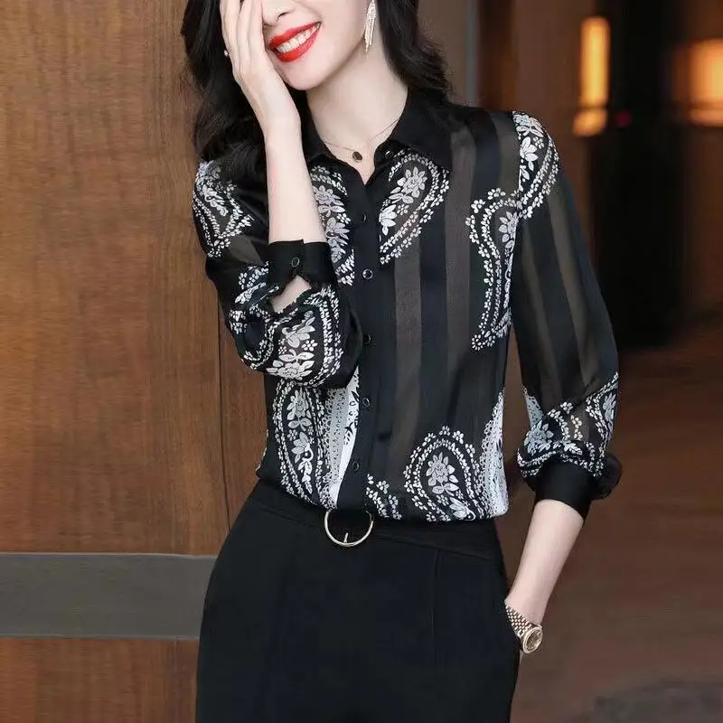 Vintage Striped Paisley Printed Blouse 2023 Spring Casual Long Sleeve Women\'s Clothing Commute Polo-Neck Single-breasted Shirt