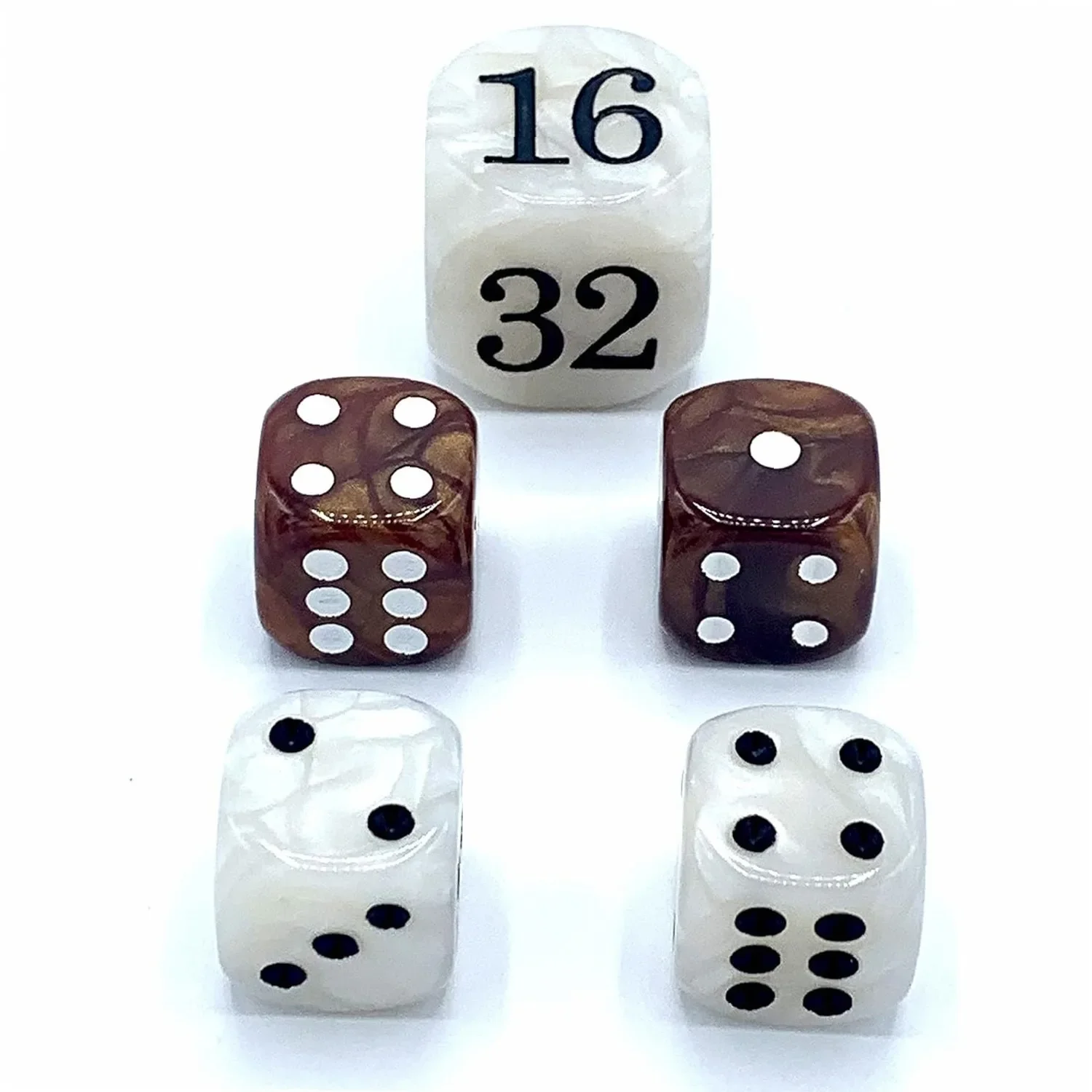 5PCS Backgammon Pearl Dice Set 22mm & 16mm Brown White Dice Storage Bag Included for Board Game