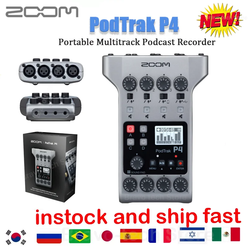 ZOOM Podtrak P4 Portable 2-input 2-output Interview Audio podcast recorder with 4 Mic-Input and USB audio interface