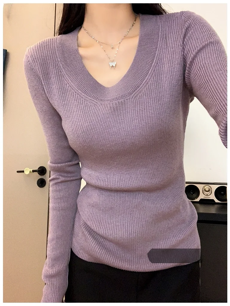 

White Base Layer irt Women's Inner Wear Early Winter New Knitted V-Ne Slim Fit Long Sve Top Korean Sle Ciwalk
