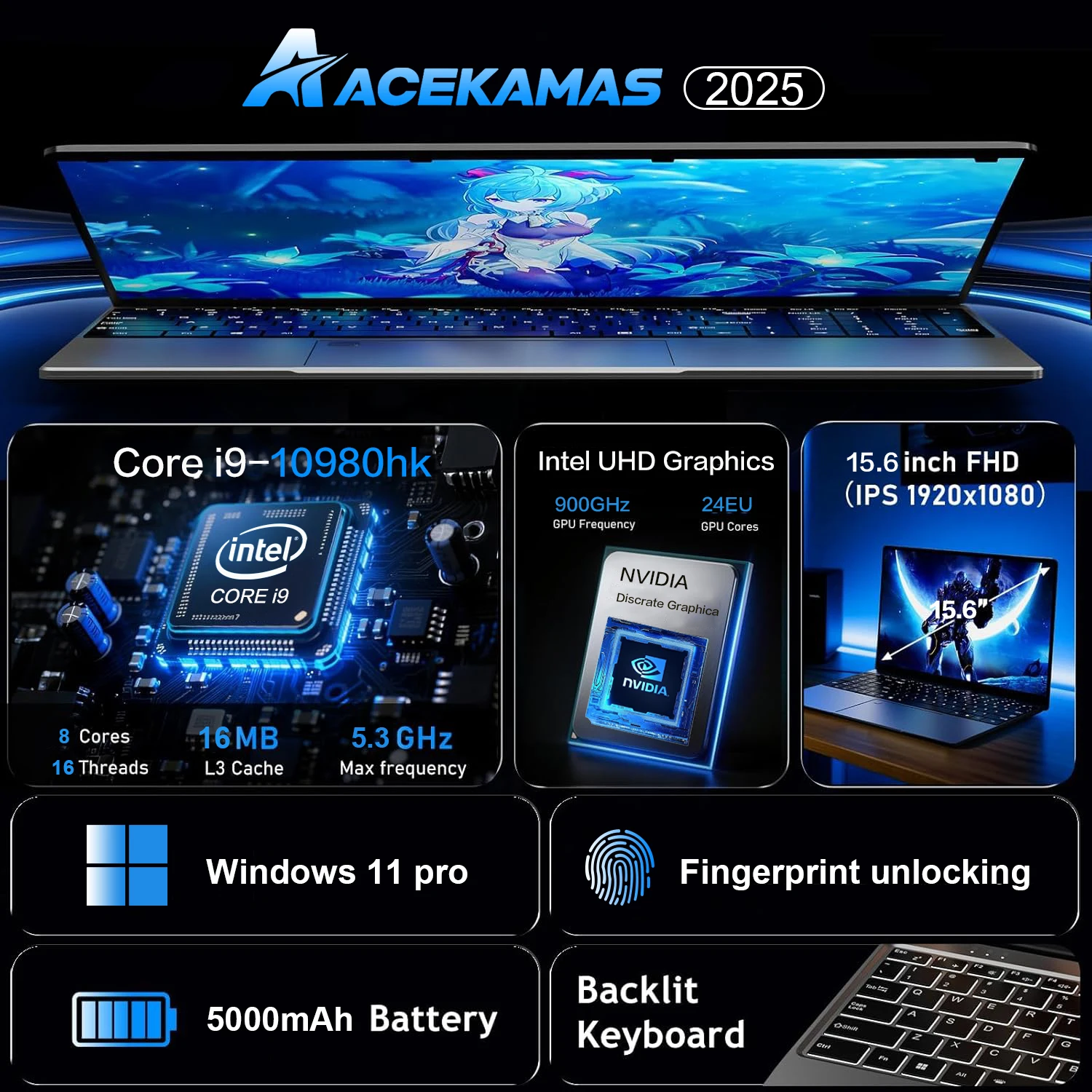 كمبيوتر محمول للألعاب ACEKAMAS مقاس 15.6 بوصة Intel Core i9 10980HK IPS 1920*1080 كمبيوتر محمول 16 جيجابايت DDR4 1/2 تيرا بايت SSD ويندوز 11 برو كمبيوتر محمول