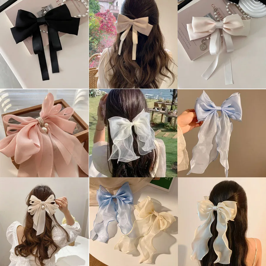 Big Organza Mesh Bow Ribbon Spring Hairpins Ponytail Holder Hair Accessories Pin Clip for Women Hair Ornaments Headwear