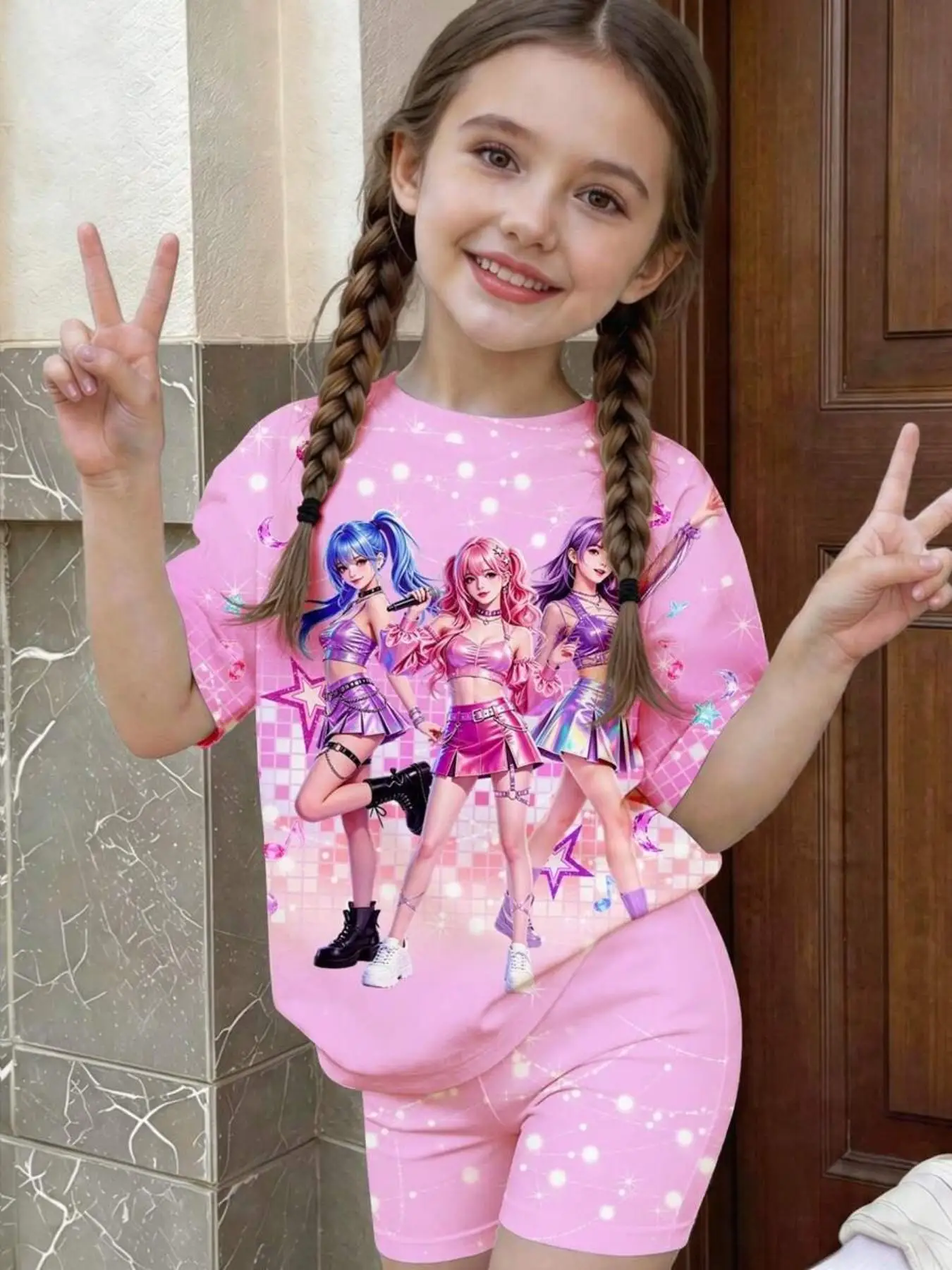 Girls' Pink Short-Sleeve & Shorts Set Featuring an Allover Print of Sparkling Hearts, Stars, and Korean-Style Cartoons—A Sweet,
