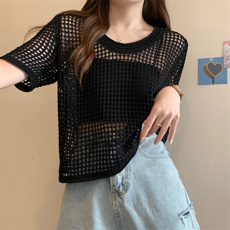 ITOOLIN Casual For Women Beach Slim Tops O-Neck Summer Sexy Hollow Out Knitting Shirt For Women Knit T-shirt Spring Summer 2024