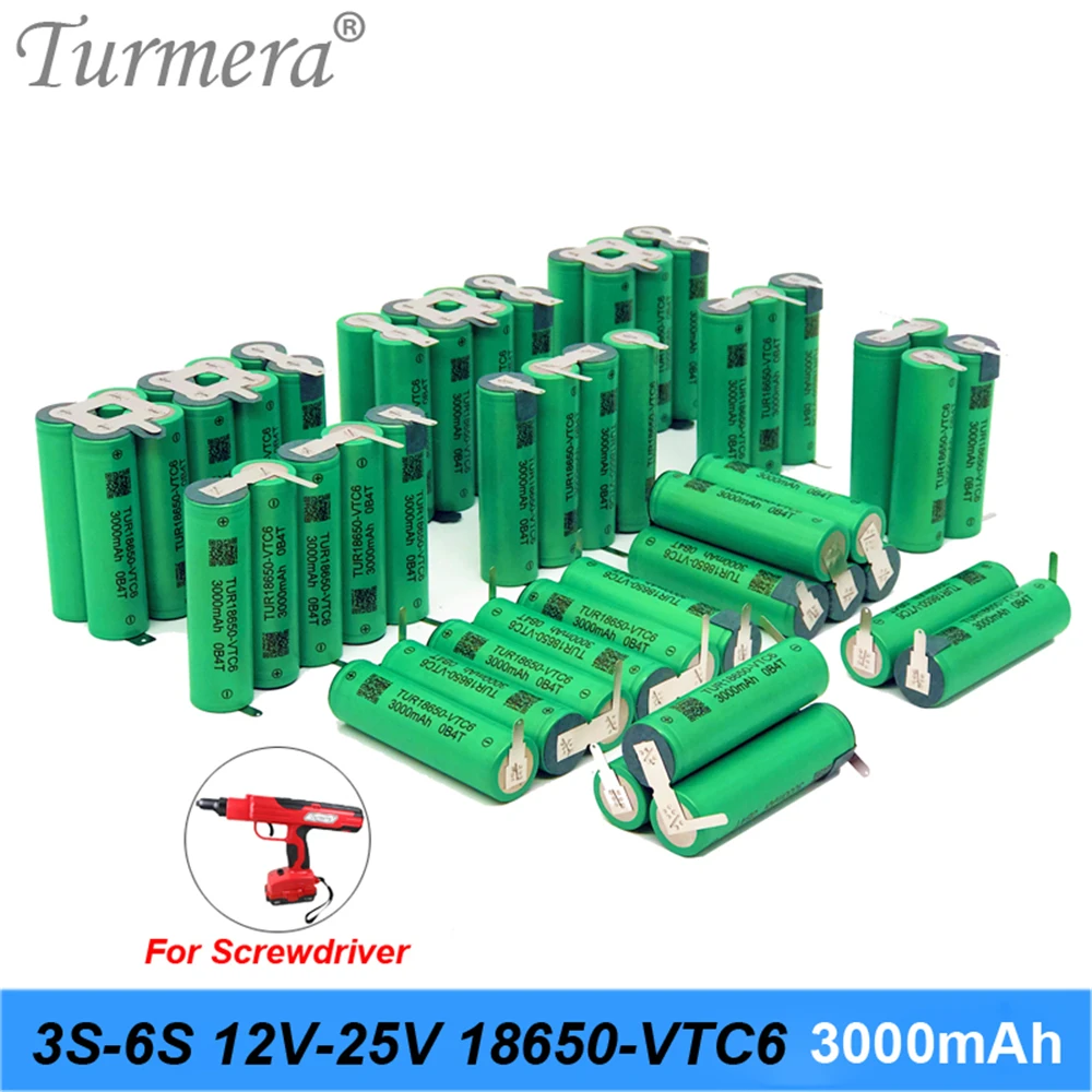 Turmera 2S-6S 18650 VTC6 3000mAh 6000mAH Battery for 8.4V 12V 16.8V 18V 21V Shura Screwdriver Electric Drill Battery Replace Use