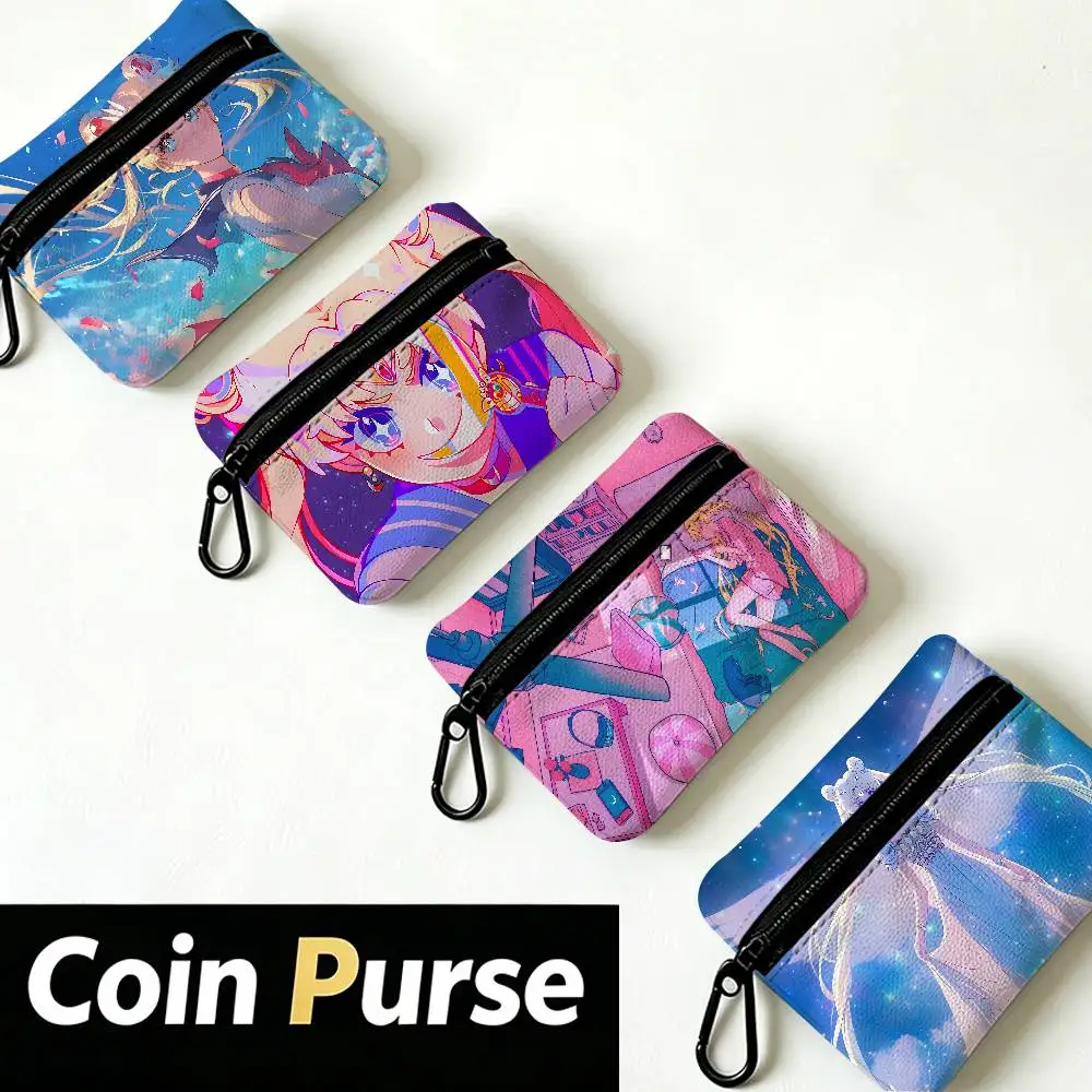 Magical Girl Anime S-Sailor M-Moon Mini Hanging Oxford Cloth Coin Bag Durable Zipper Key Card Pouch With Carabiner
