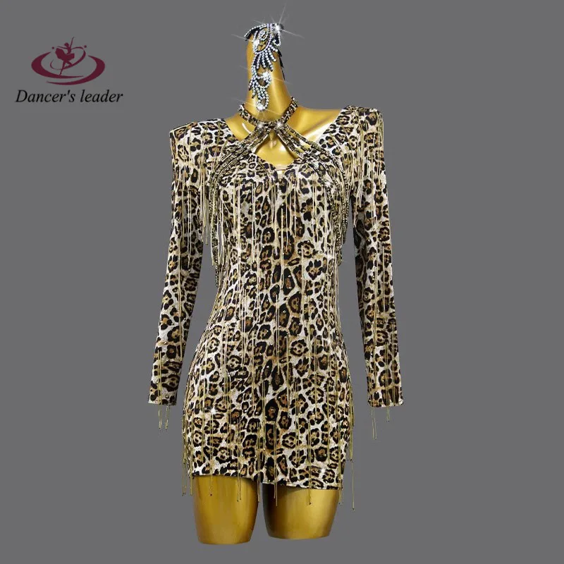 

Latin dance Dress High end Customized Slim Leopard Pattern with Diamond Chacha Tango Female Adult Stage Professional Clothing
