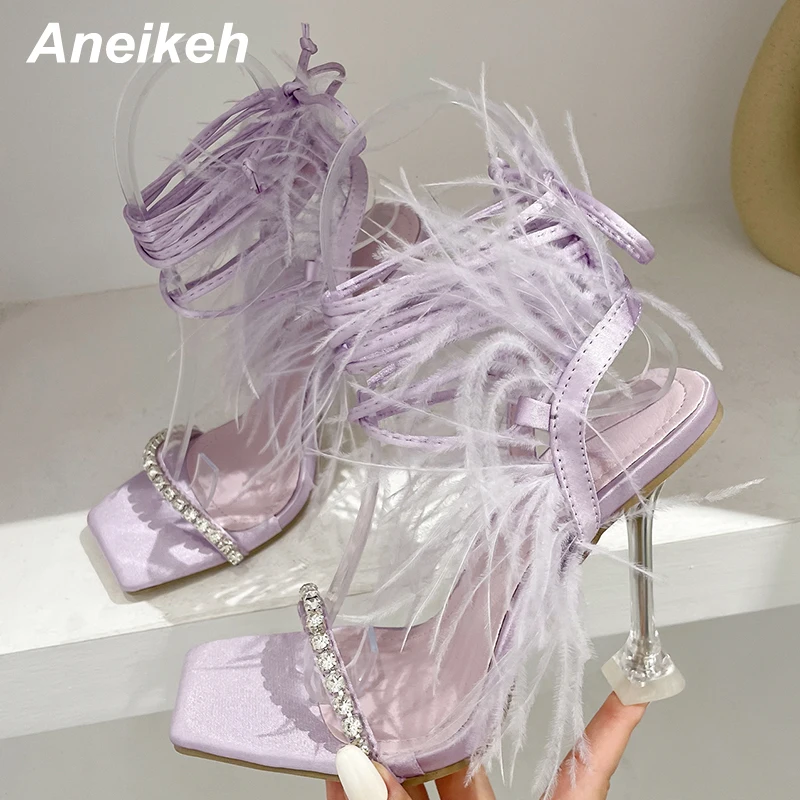 Aneikeh 2025 Sexy Rhinestone Feather Women Sandals Lace-up Summer Shoes Ankle Strap Gladiator Squared Toe Thin Heels Size 35-41