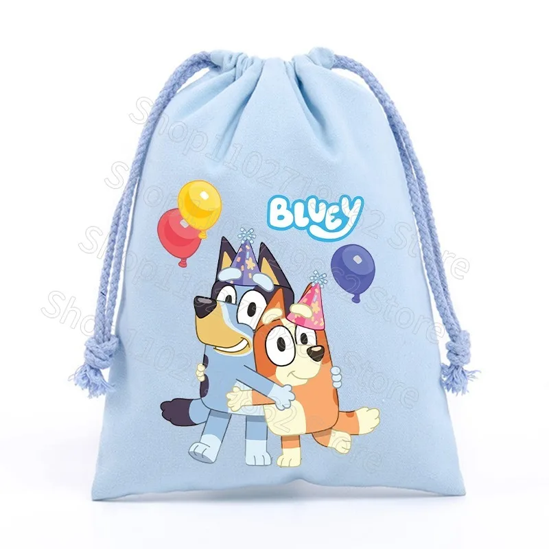 Bluey-Bolsa de almacenamiento portátil de algodón con estampado gráfico de dibujos animados, bolsa pequeña con bolsillos y cordón para regalos de fiesta de cumpleaños, Bingo