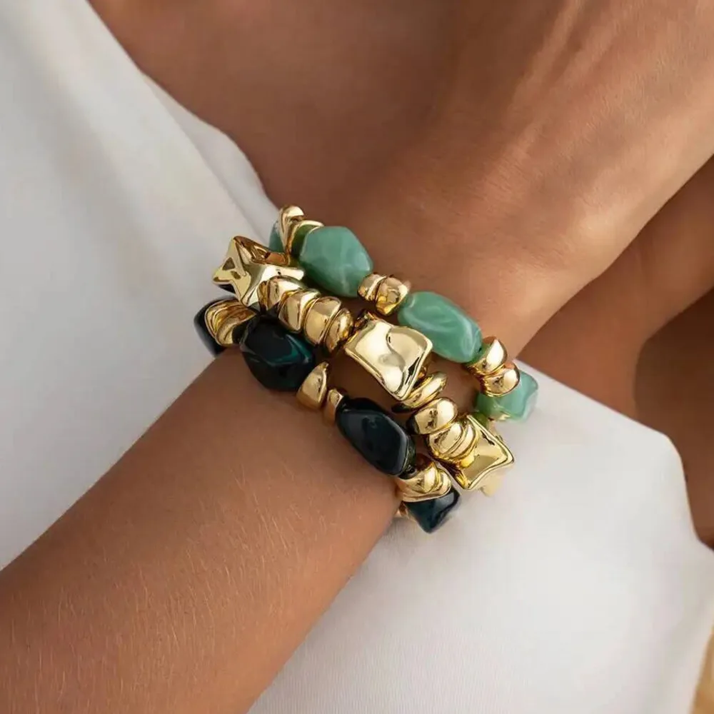 

SHIXIN 3 Pcs/Set Y2K Bohemian Acrylic Resin CCB Beads Bracelets Vintage Baroque Style Splicing Bangles Women Daily Charm Jewelry