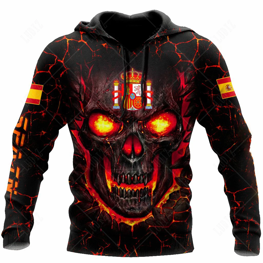 New Spanish Skull Hoodies Men's Hoodie 3D Print Spain Flag Tops Autumn Long Sleeve Streetwear  Hooded Hoodie For Men Clothing