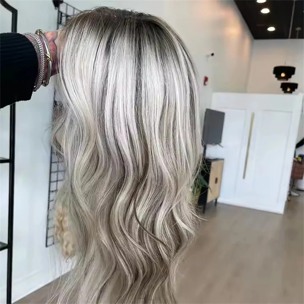 100 Echthaar-Perücke, aschblond, dunkle Wurzeln, gewellt, Highlight, brasilianische Perücken, 13 x 6, transparente Spitze, farbig, bereit zum Tragen