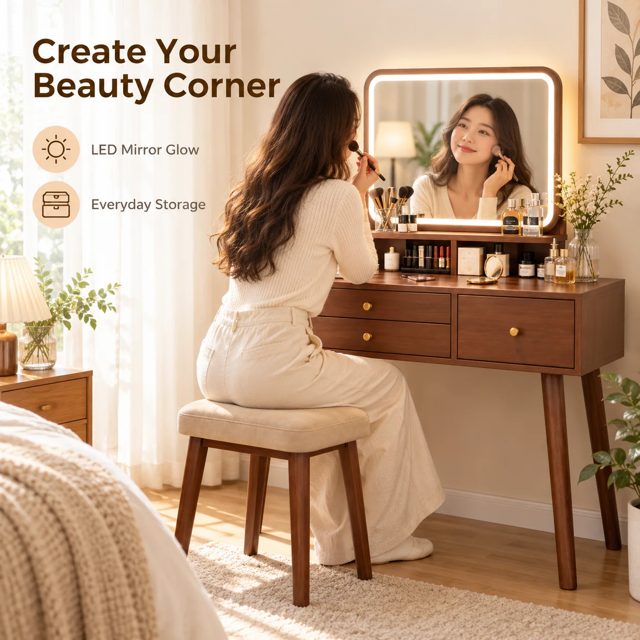 AOLIVIYA Makeup Vanity Desk With LED Mirror And Lights 3 Drawers Storage 2 In 1 Dressing Table Nightstand For Small Bedroom