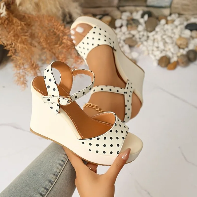 

Women Fashion Wedge Sandals Open Toe Platform High Heels Polka Dot Ankle Strap Buckle Casual Summer Beach Ladies Trendy 2026