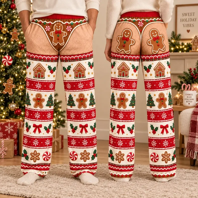 Men's Fun Christmas Gingerbread Fake Hip Print Christmas Candy House Snowflake Festival Funny Gift Casual Loose Home Pants