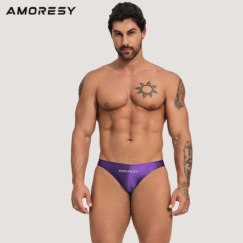 AMORESY Spandex Men\'s Solid Color Ultra-low Waist Sexy Sports Underwear Briefs Comfortable Thong Swim Trunks