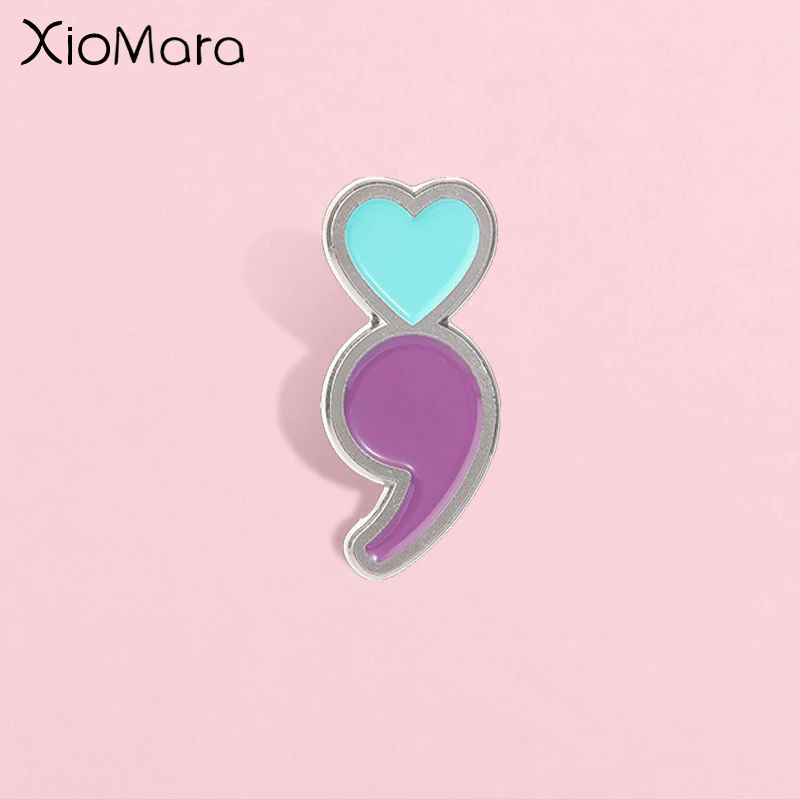 Semicolon Heart Enamel Pin, Mental Health Awareness Badge, Fashion Clothes Backpacks Accessory, Gift for Mental Health Supporter