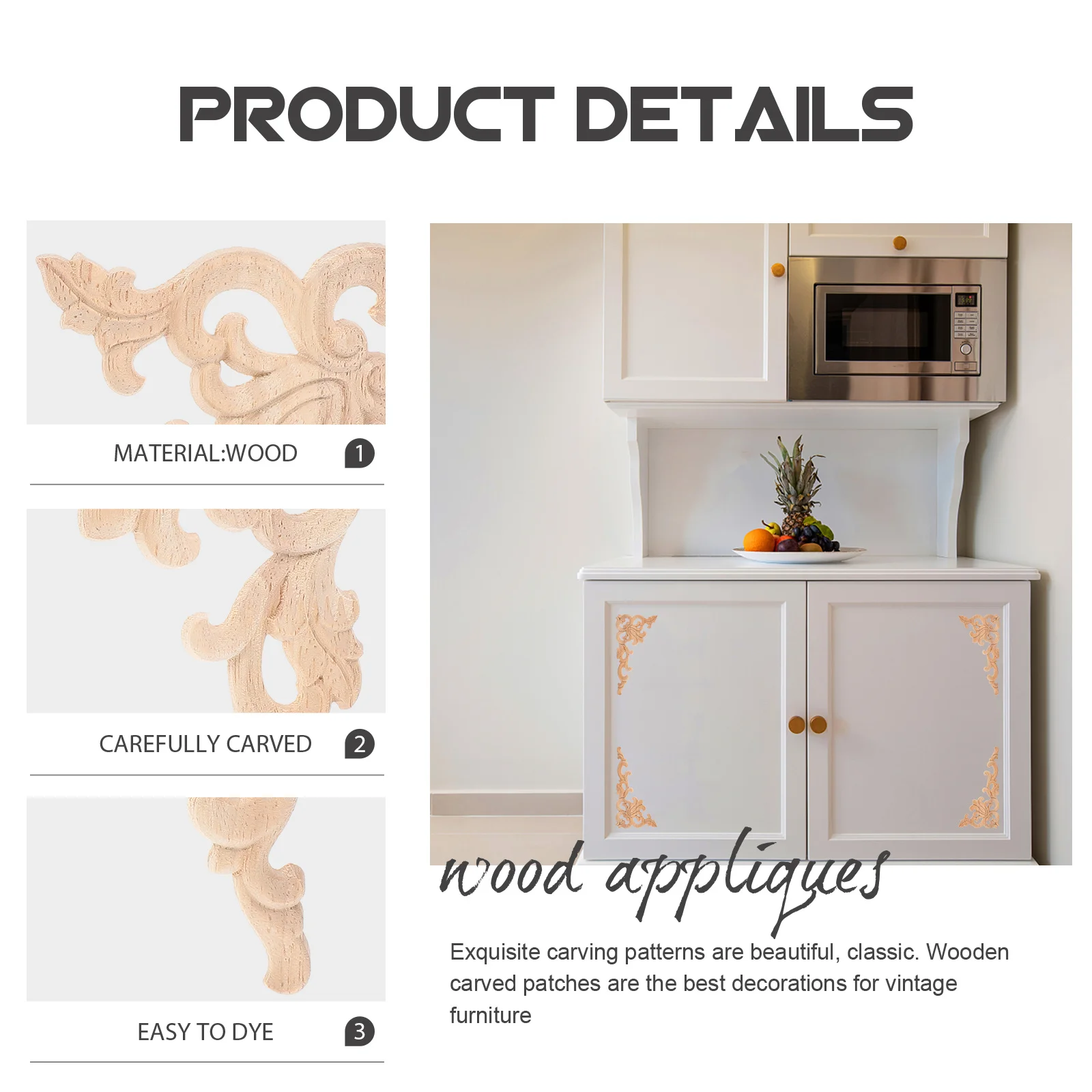 

4pcs Solid Wood Corner Flower Decorative Trim Carved Wooden Appliques For Furniture Cabinet Door Vintage Baroque Style Wood