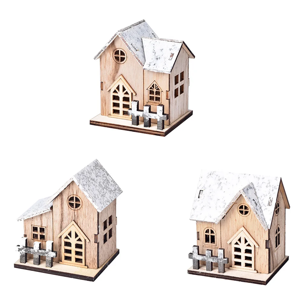 

3 Pcs Christmas Wooden House Decoration Themed Xmas Craft Desktop Luminous Electronic Component Ornament Home