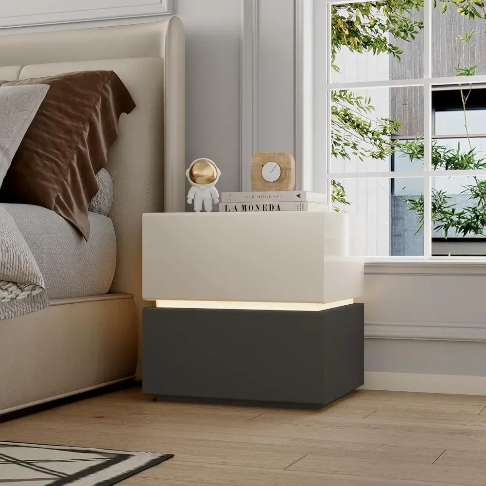 

Small LED Nightstand Modern Bedside Table with 2 Drawers, Side Table with Leather Surface, No Assembly