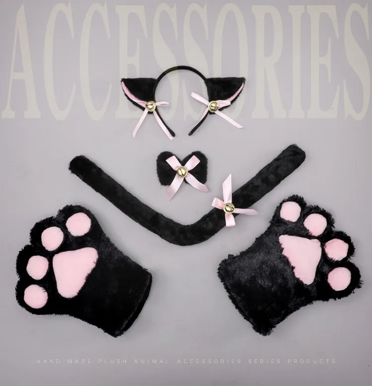 Conjunto de disfraz de gato para fiesta de Halloween, accesorios de Cosplay de animales de Navidad, orejas de garra de gato, diadema, cola, campana, Gargantilla, guantes de felpa, accesorios