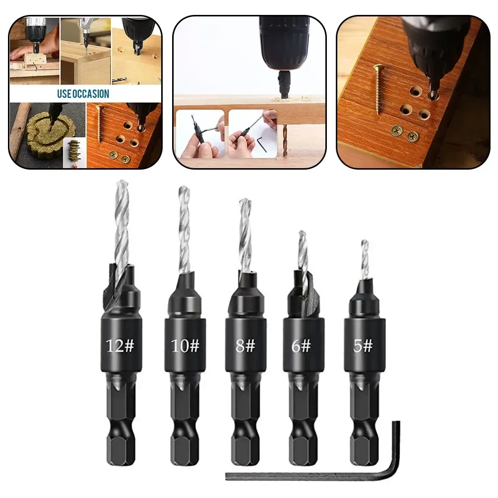 5pcs Hex Shank Quick Change Countersunk Drill Bit Woodworking Limiter Hole Opener Woodworking Router Bit Drilling Tools