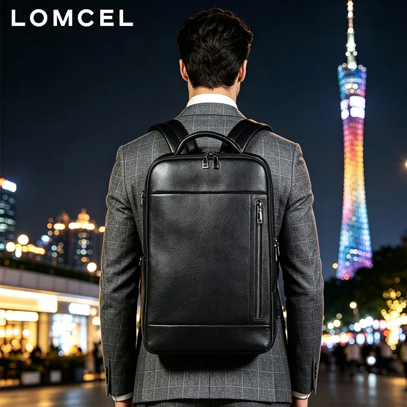 LOMCEL 52 Simple Men's Leather Dual-Shoulder Bag - Business Fashion Large Capacity 16-Inch Computer Lacquer Pattern USB Backpac