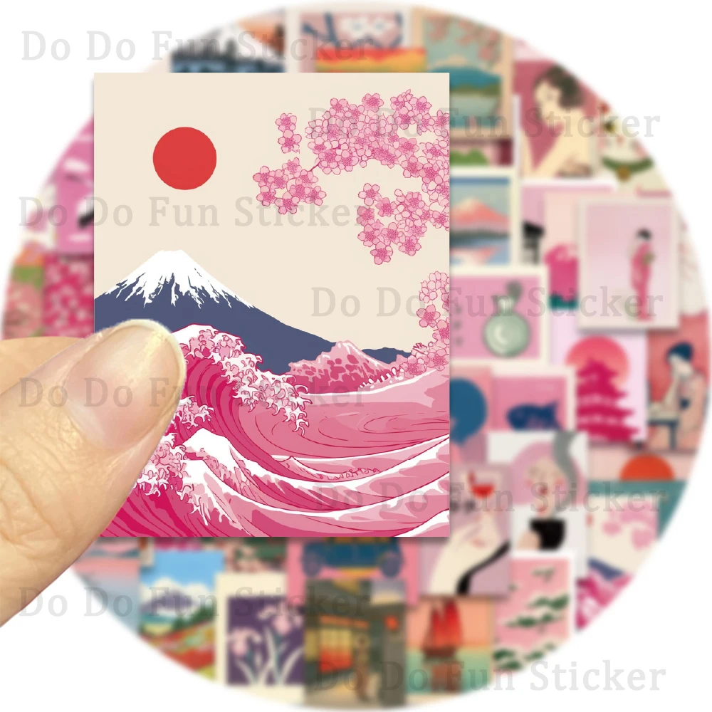 50PCS Retro Pink Japanese Aesthetic Art Stickers Red Sun Cherry Blossoms Waves Fuji Mountain Creative Beautiful Waterproof Decor