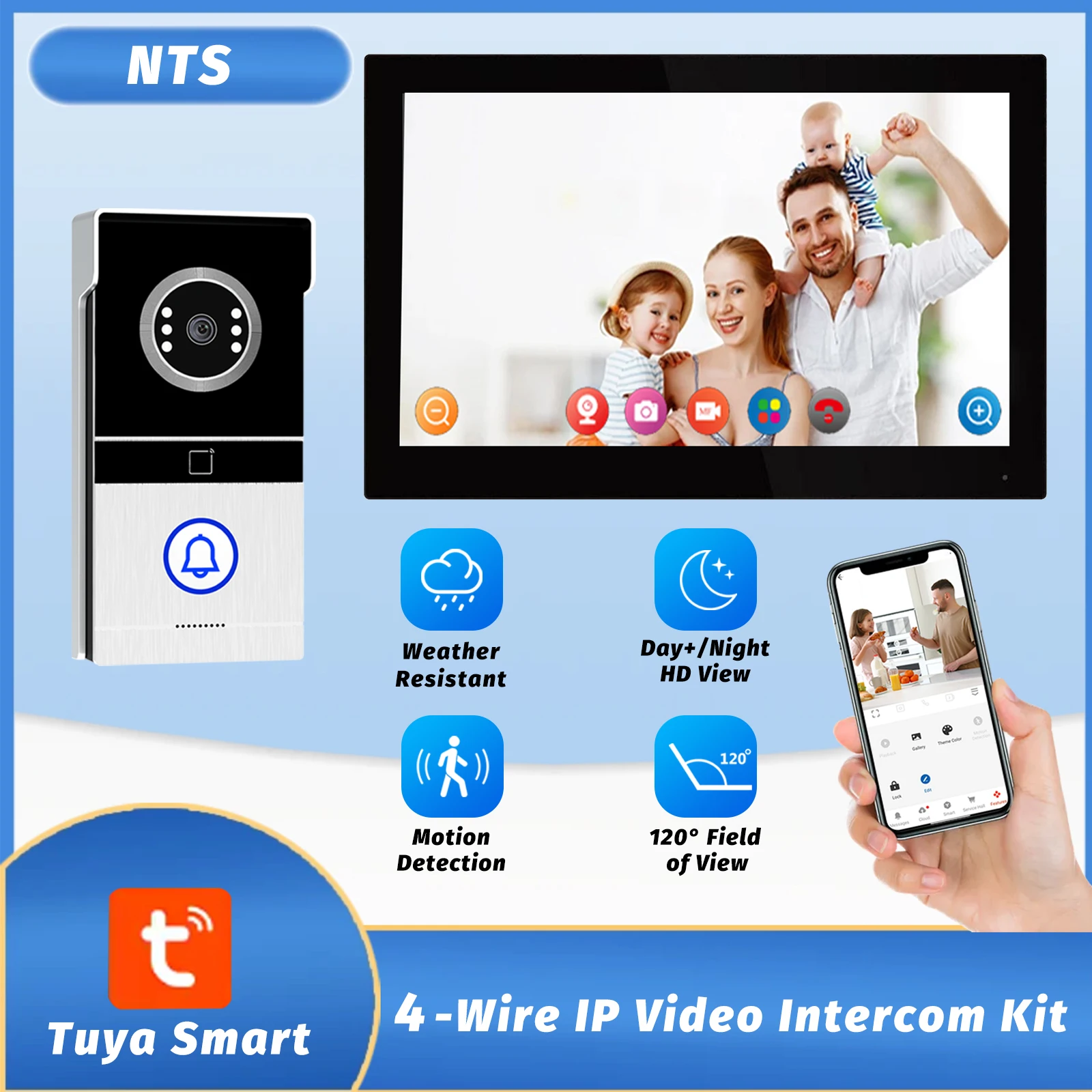 

Tuya 2.4GHz WiFi Video Intercom with 7'' HD Display, Dual-Mode Night Vision & Waterproof Design, Video Door Bell for Villa/Gate