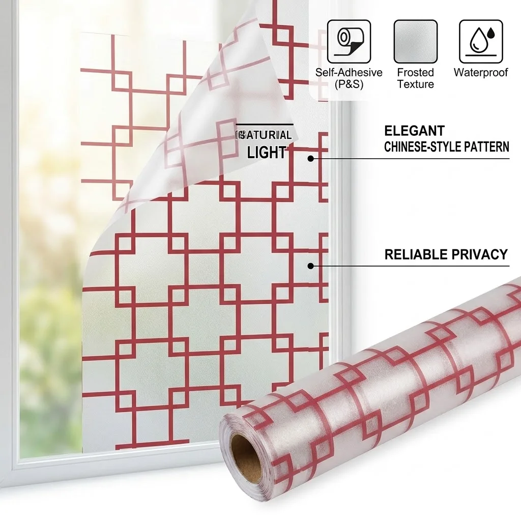 Reddish-Brown PVC Window Film Frosted Self-Adhesive Chinese Lattice Privacy Protection Maze Grid Design Removable No Residue