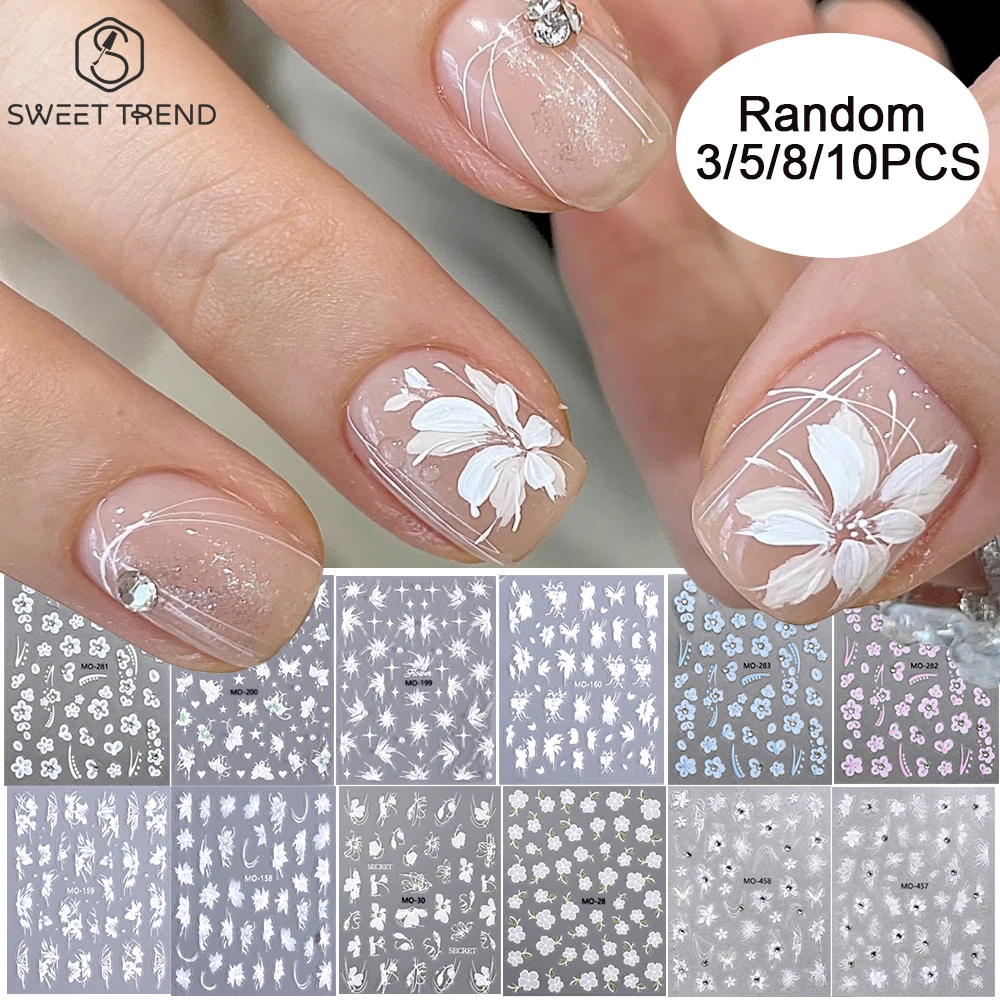 3/5/8/10pcs White Flower Nail Art Stickers 3D Cute Floral Ad