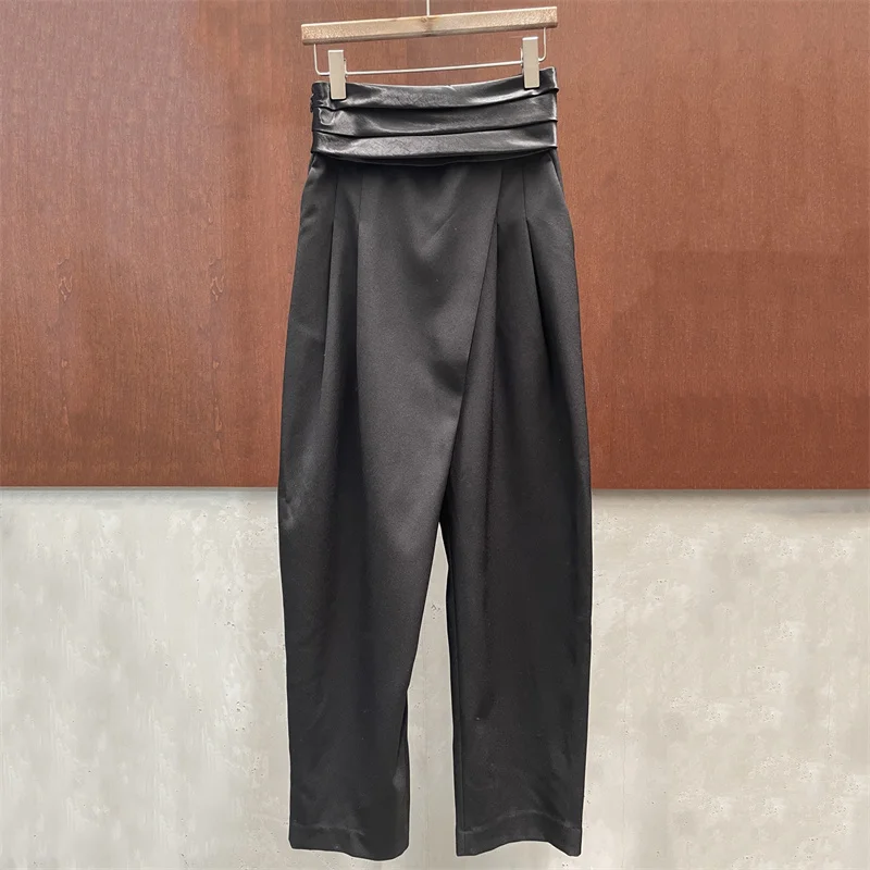 Women's pants New summer 2026 satin spliced straight leg pants Asymmetric slim fit women's suit pants y2k wool blend trousers