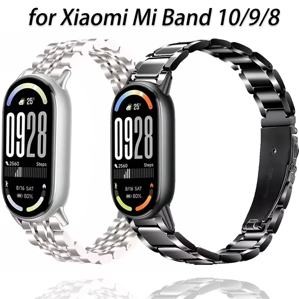 حزام معدني لـ Xiaomi Mi Band 10/9/8 حزام ساعة من الفولاذ المقاوم للصدأ Correa لـ Miband 8/9/10 استبدال معصمه سوار Correa
