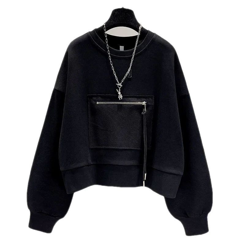 Autumn New Short Crewneck Sweatshirts Women Casual Long-sleeved T Shirt 2023 Korean Loose Zipper Patch Niche Pullover Tops Trend