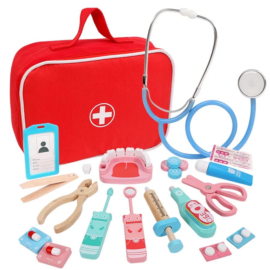 Doctor Role Play Set,Wooden Toys Doctor's Kit Play Set Incl. Syringe, Stethoscope, Thermometer and Much More Designed for Childr