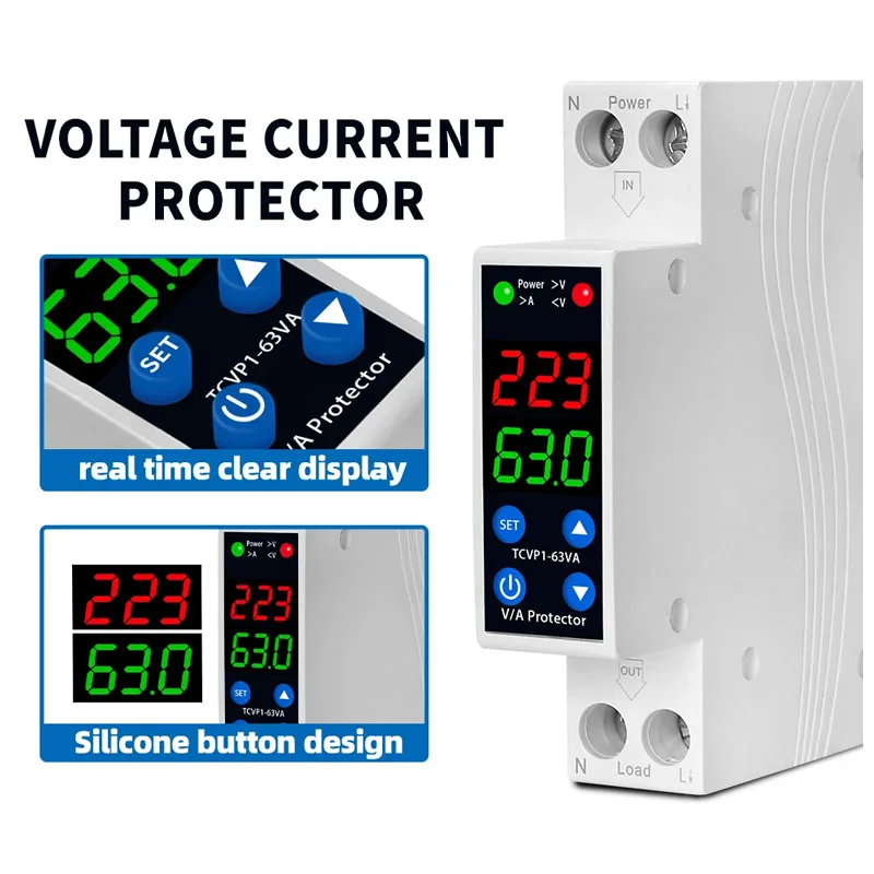 18MM 1P+N 63A 230V Dual Display Adjustable Digital Over Under Voltage Relay Surge Protector Limit Over Current Protection